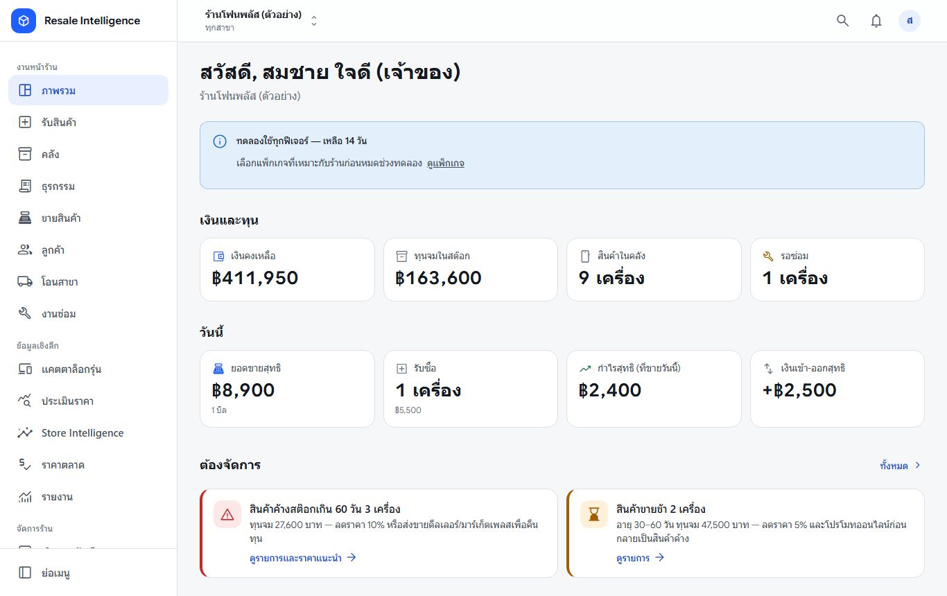 ภาพรวมร้าน: เงินสด ทุนจม ยอดขาย สิ่งที่ต้องจัดการ อายุสต๊อก